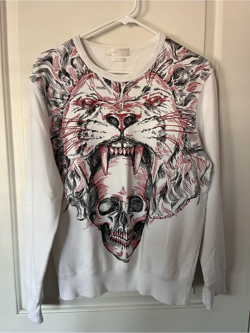 Alexander McQueen White Crewneck Sweatshirt with Black and Red Sketch Graphic